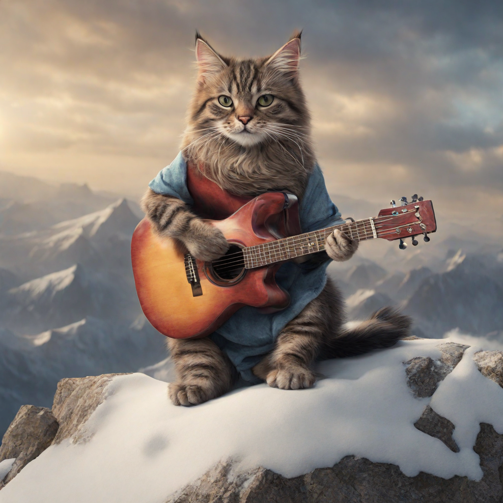 AI-generated cute cat with a guitar on top of a mountain